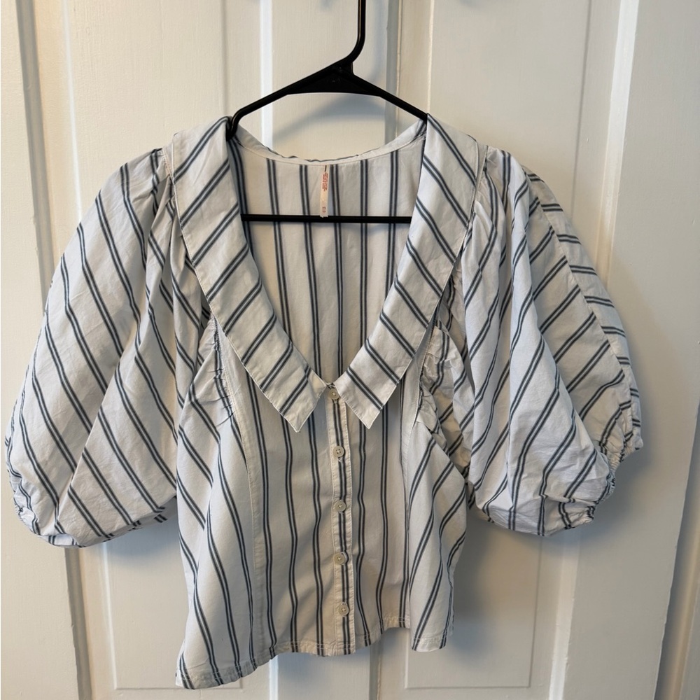 Free People Black and White Striped Puff Sleeve Blouse